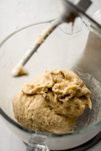 Yeast bread dough in the bowl of a stand mixer fitted with the hook attachment.