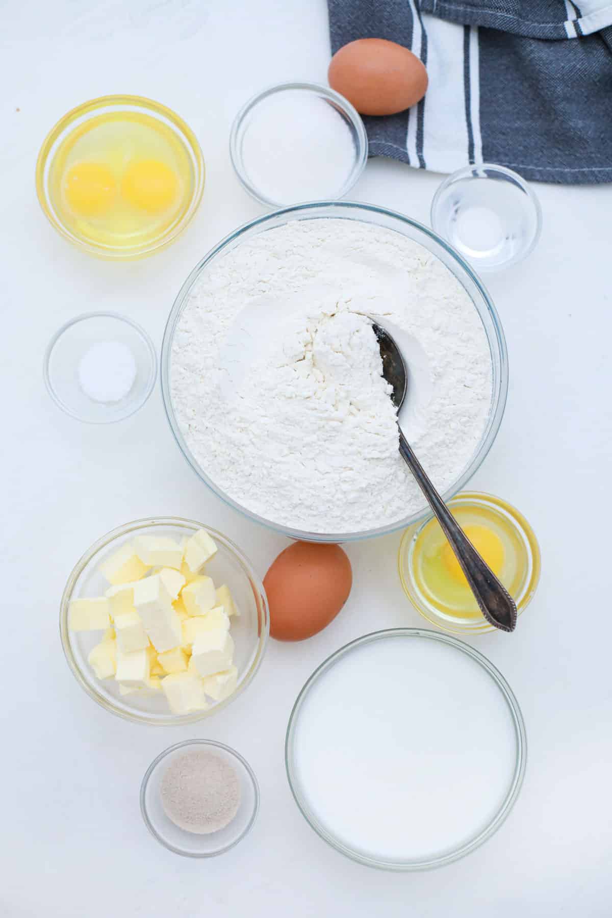 aerial photo of ingredients for easy yeast rolls