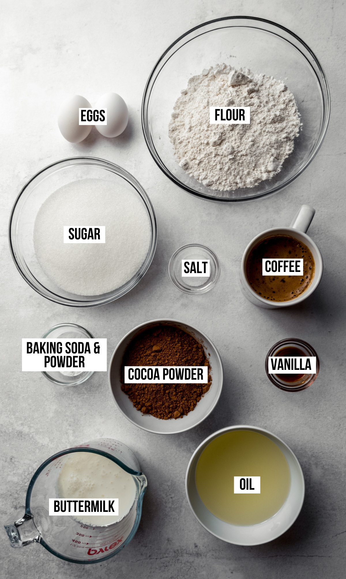 Aerial photo of ingredients to make chocolate layer cake with text overlay labeling each ingredient.