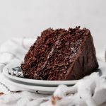 A slice of chocolate layer cake on a plate.