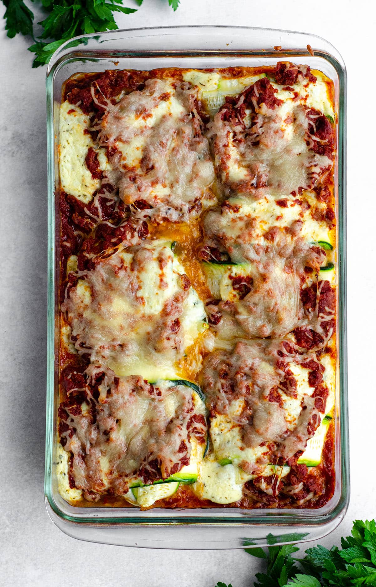 aerial photo of zucchini ravioli in a baking dish