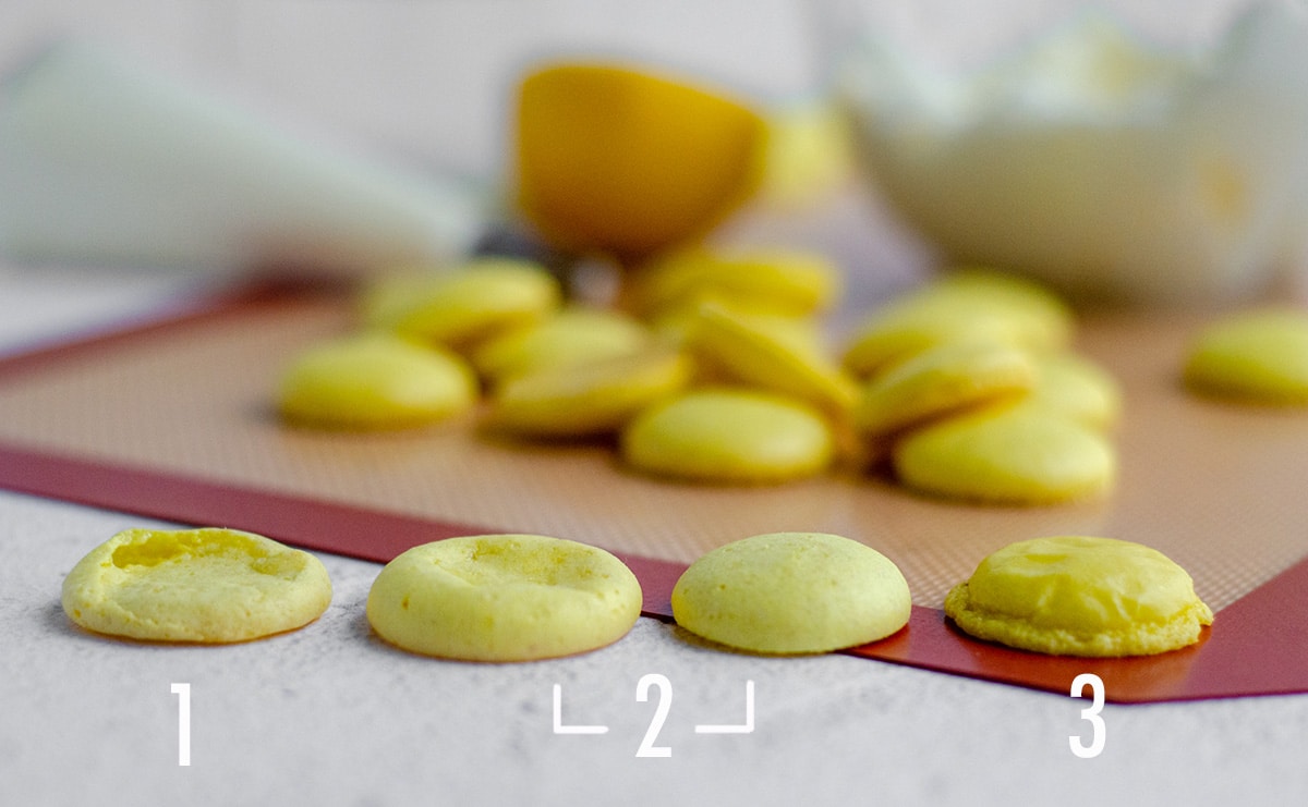 comparing failed lemon macarons side by side