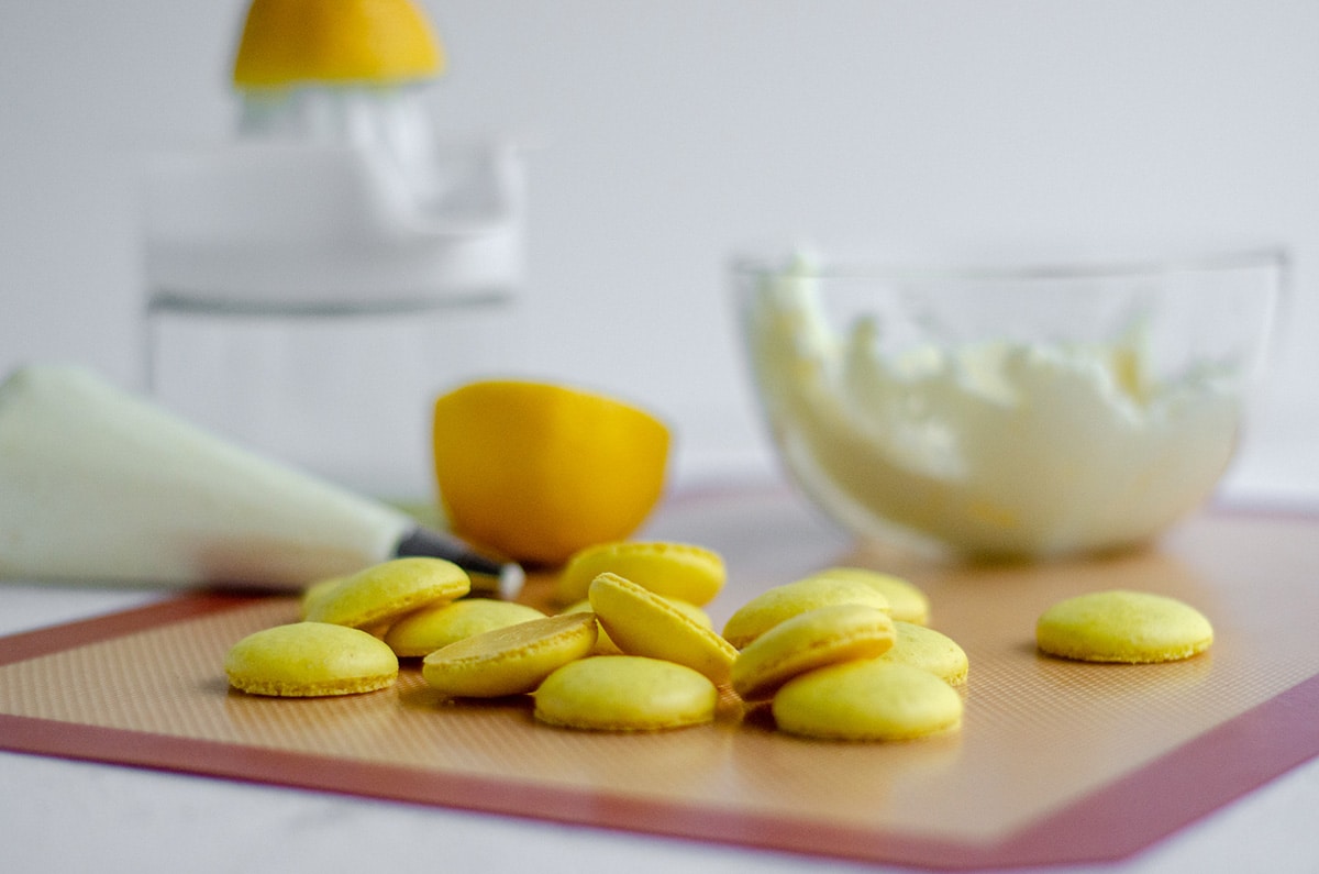 lemon macarons ready to assemble with frosting 