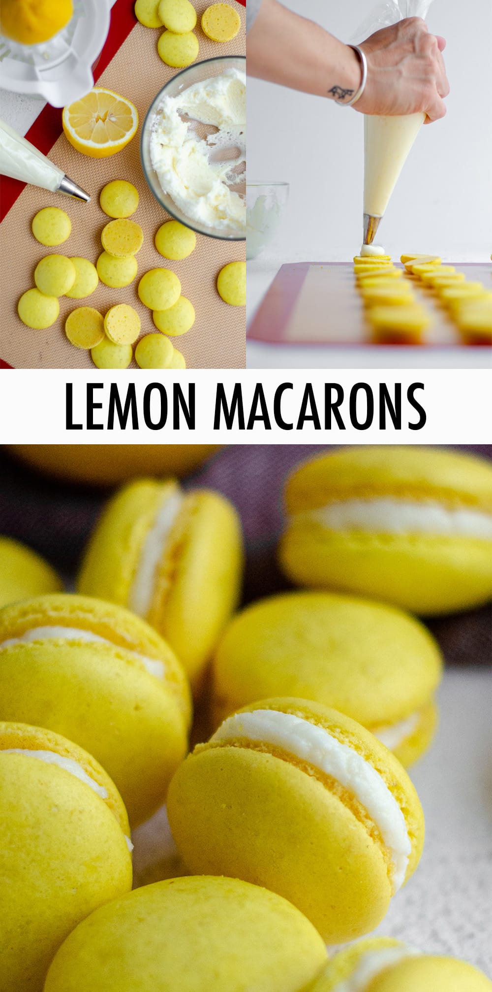 These sweet and tart lemon macarons are filled with a tangy lemon buttercream. The lemon French macarons feature actual lemon zest as well as lemon extract to bring all the flavor without sacrificing that light and airy macaron texture. via @frshaprilflours