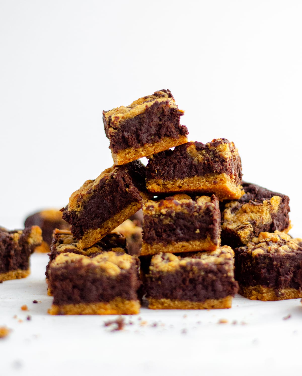 large stack of peanut butter cookie brownies