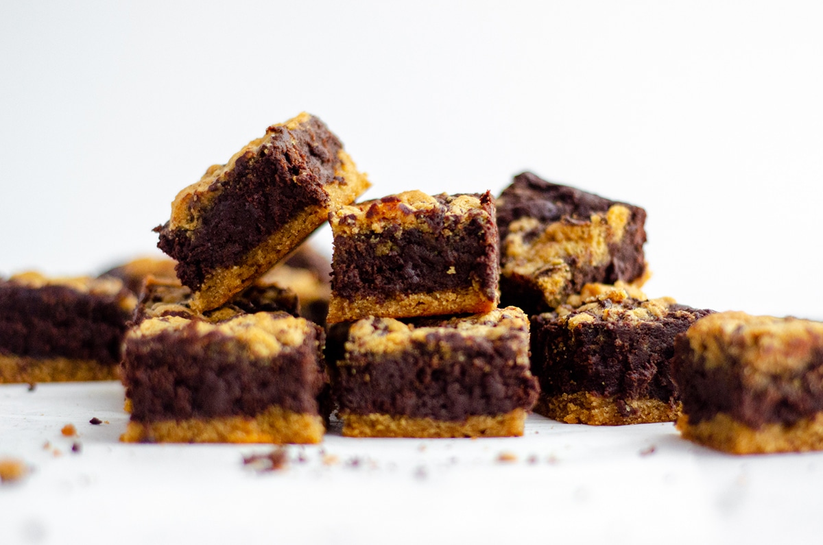 stacks of peanut butter cookie brownies 