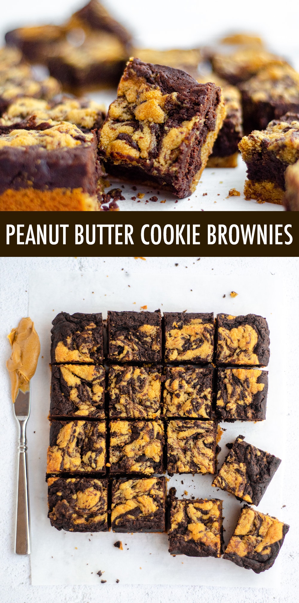 Soft and chewy brownies sit atop a peanut butter cookie crust and get swirled with peanut butter cookie batter to create peanut butter brownies unlike any other! via @frshaprilflours