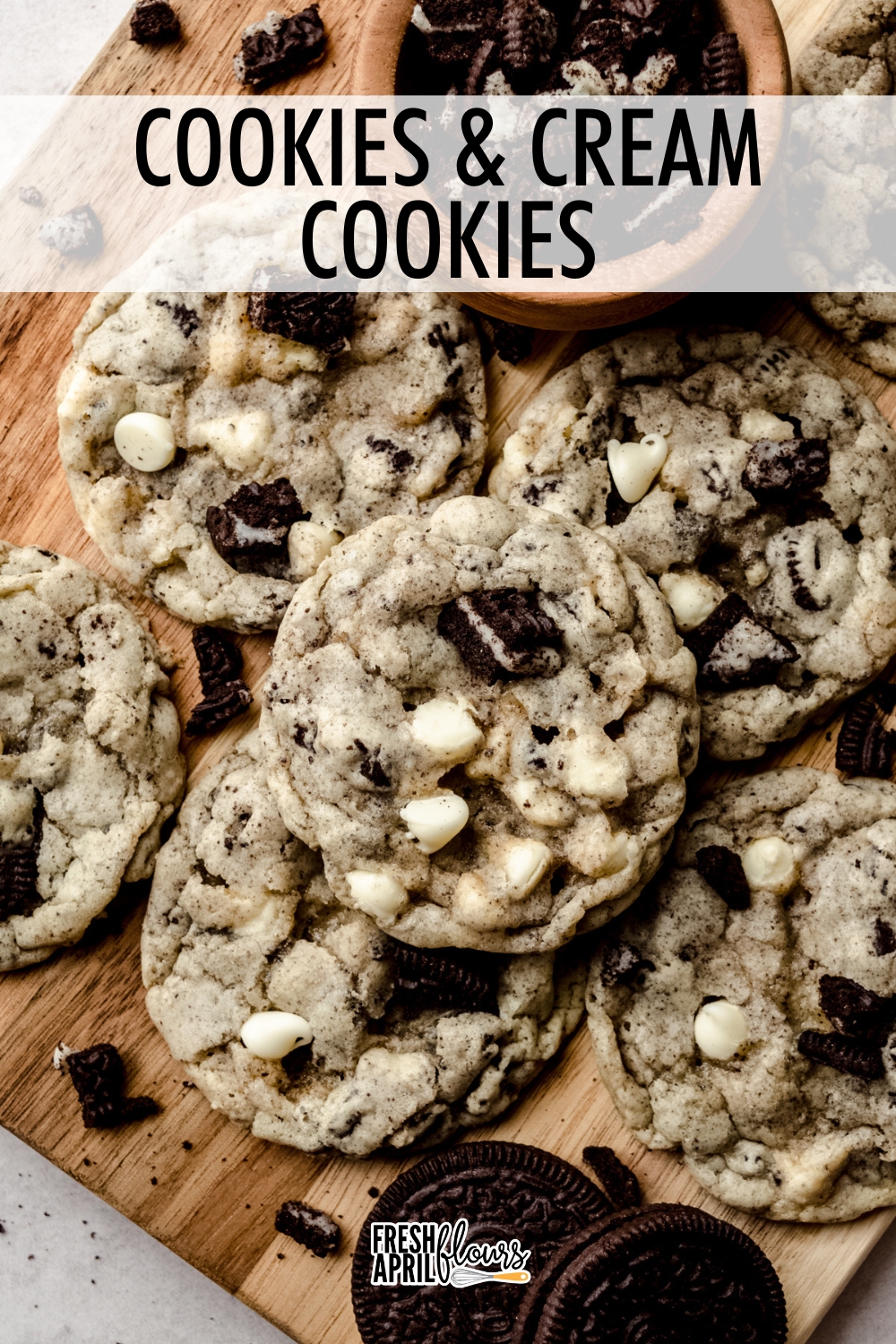 These easy, no chill cookies and cream cookies are dotted with white chocolate chips and stuffed with bits and pieces of crunchy Oreos. An Oreo lover's perfect cookie! via @frshaprilflours