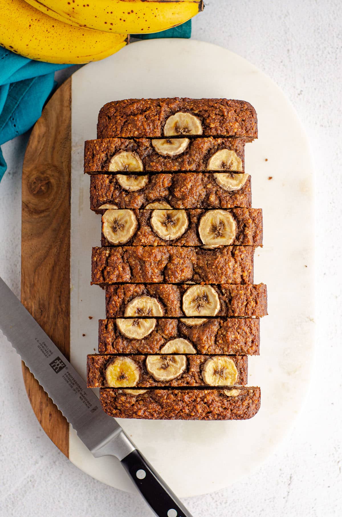 aerial photo of almond flour banana bread with banana slices baked into the top