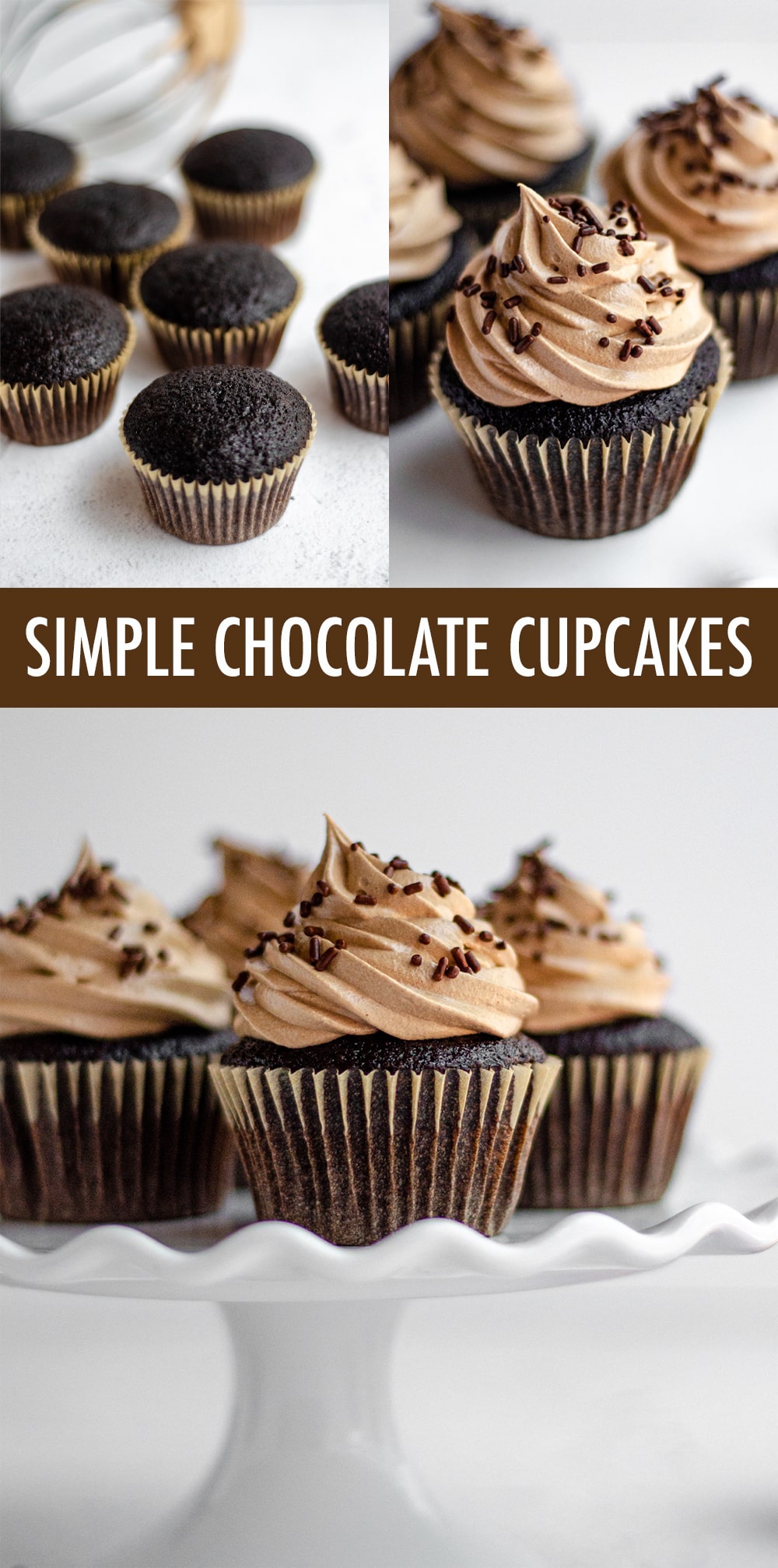 My go-to simple chocolate cupcakes are fluffy, moist, and don't even require a mixer. Top them with a velvety smooth chocolate Swiss meringue buttercream (or pair with another favorite) for a simple yet impressive little cupcake! via @frshaprilflours