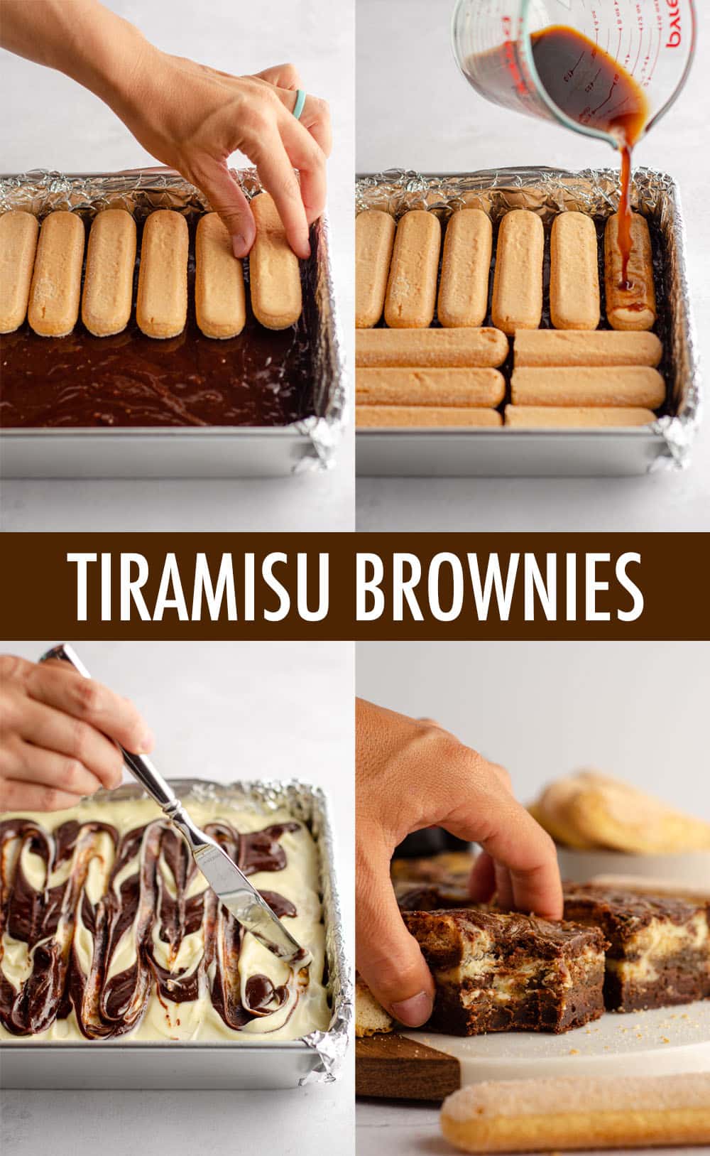 These tiramisu brownies are made with a scratch brownie base, a middle layer of coffee-soaked Ladyfingers, and a top layer of sweetened mascarpone cheese. via @frshaprilflours