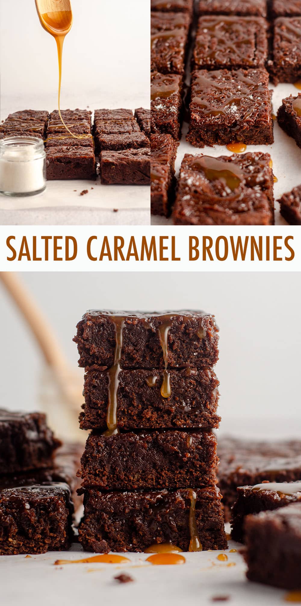 Fudgy brownies made from scratch with salted caramel sauce swirled right into the brownie batter. Drizzle with more salted caramel sauce and sprinkle with flaky sea salt for a perfectly sweet and salty treat. via @frshaprilflours