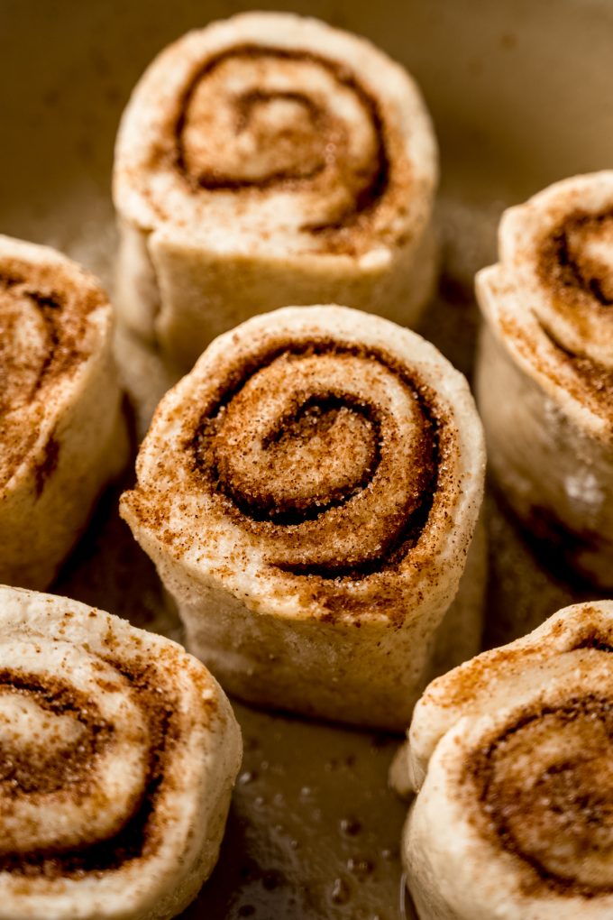 A baking pan with sourdough cinnamon rolls in it.