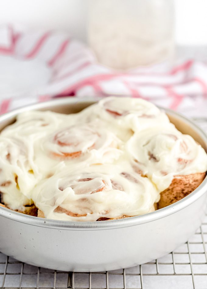 sourdough cinnamon rolls in a baking pan