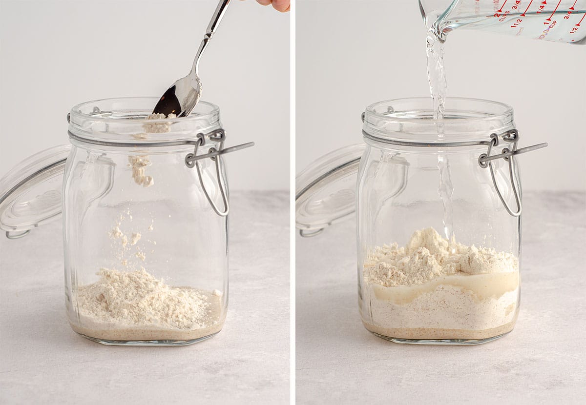 feeding a sourdough starter in a glass jar