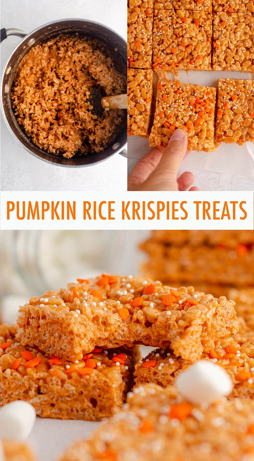 Soft and crunchy pumpkin Rice Krispies treats make an easy, no-bake fall snack! via @frshaprilflours