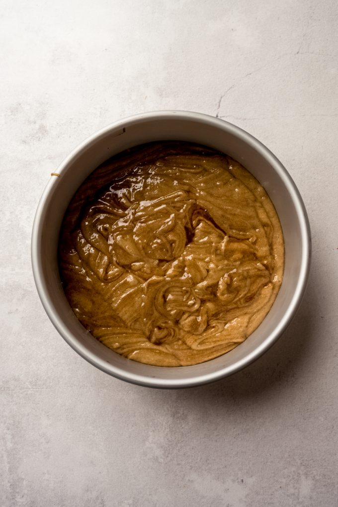 Aerial photo of snickerdoodle cookie cake in a baking pan.