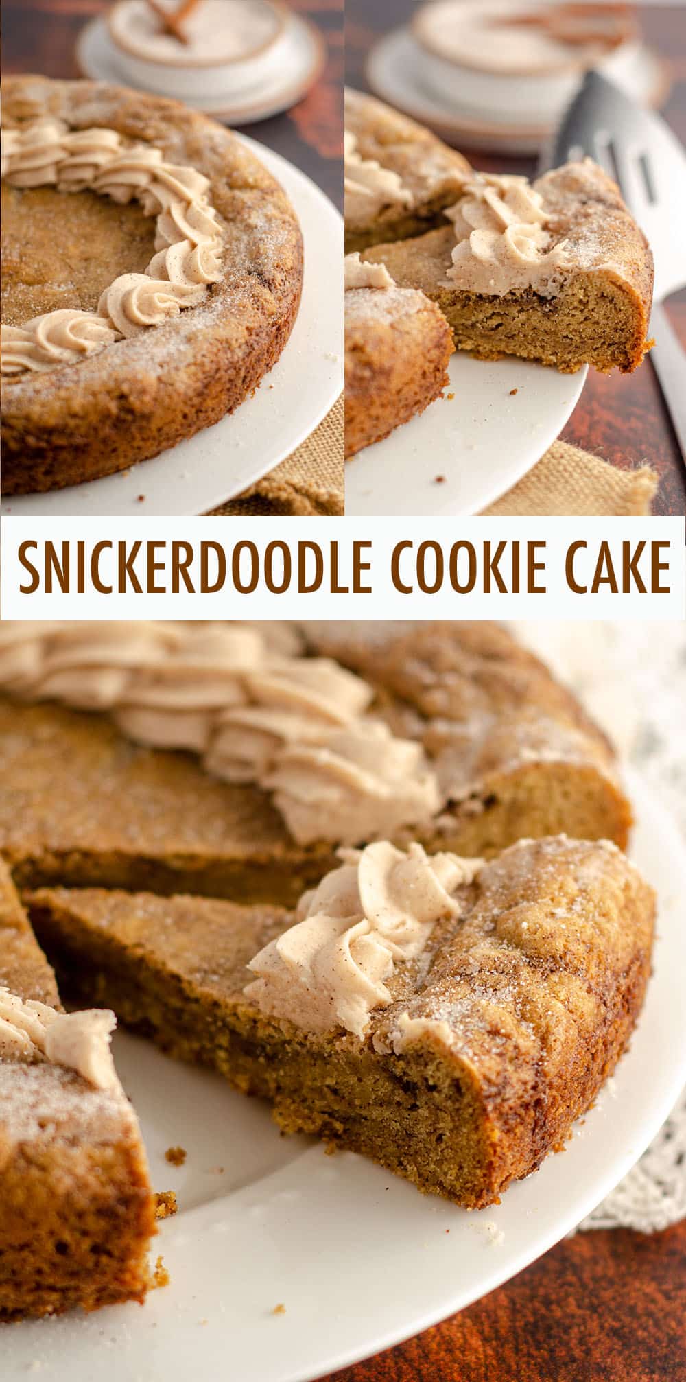 A simple brown sugar cookie base swirled with cinnamon ribbons and topped with a creamy, spiced snickerdoodle buttercream. Whip up one giant snickerdoodle cookie for your next celebration! via @frshaprilflours