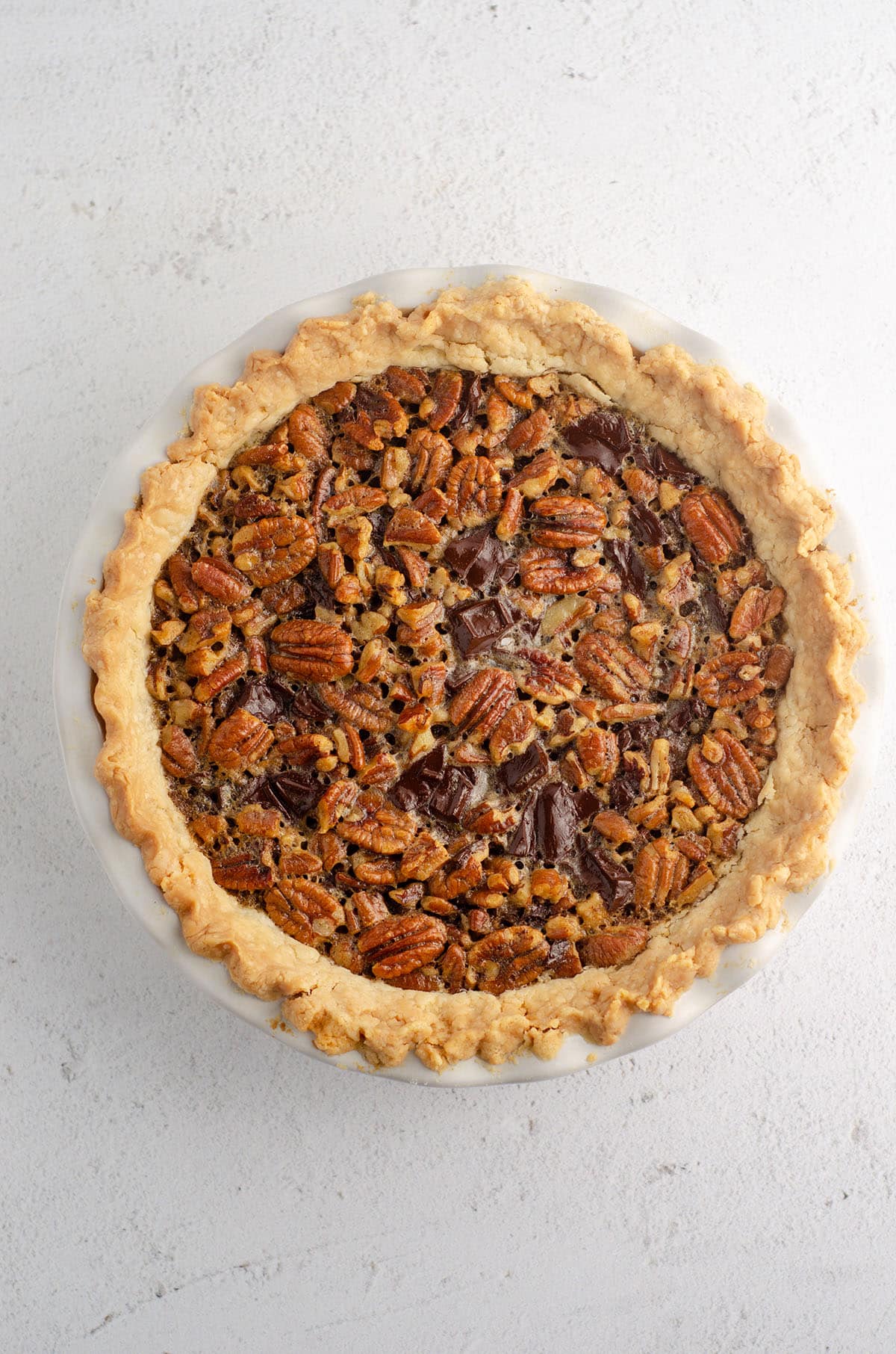 aerial photo of a chocolate chip pecan pie