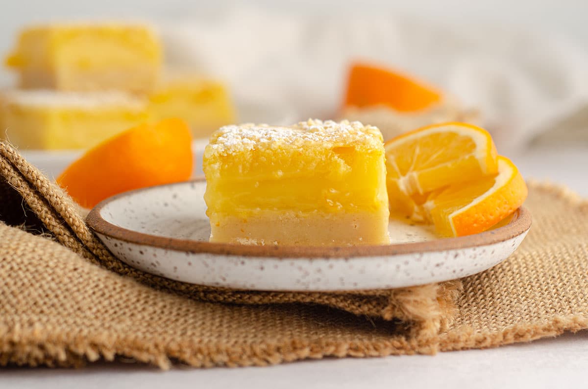 meyer lemon bar sitting on a plate with slices of meyer lemon