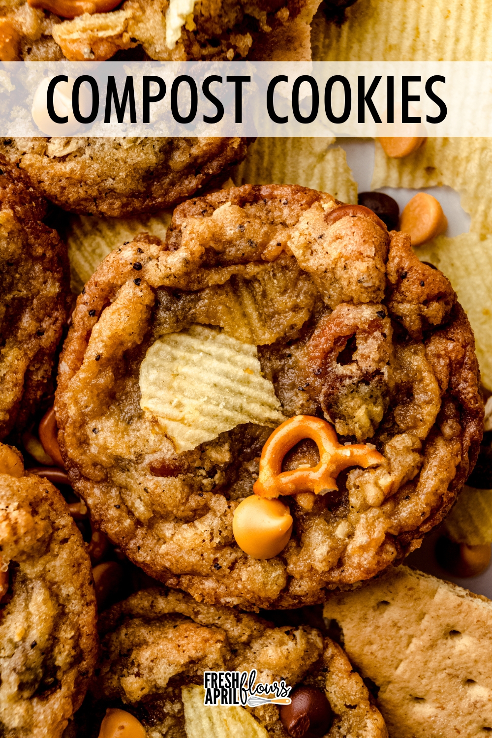 Crispy, buttery cookies filled with butterscotch and chocolate chips, graham crackers, oats, coffee grounds, pretzels, and potato chips. The perfect cookie for indecisive dessert lovers! via @frshaprilflours