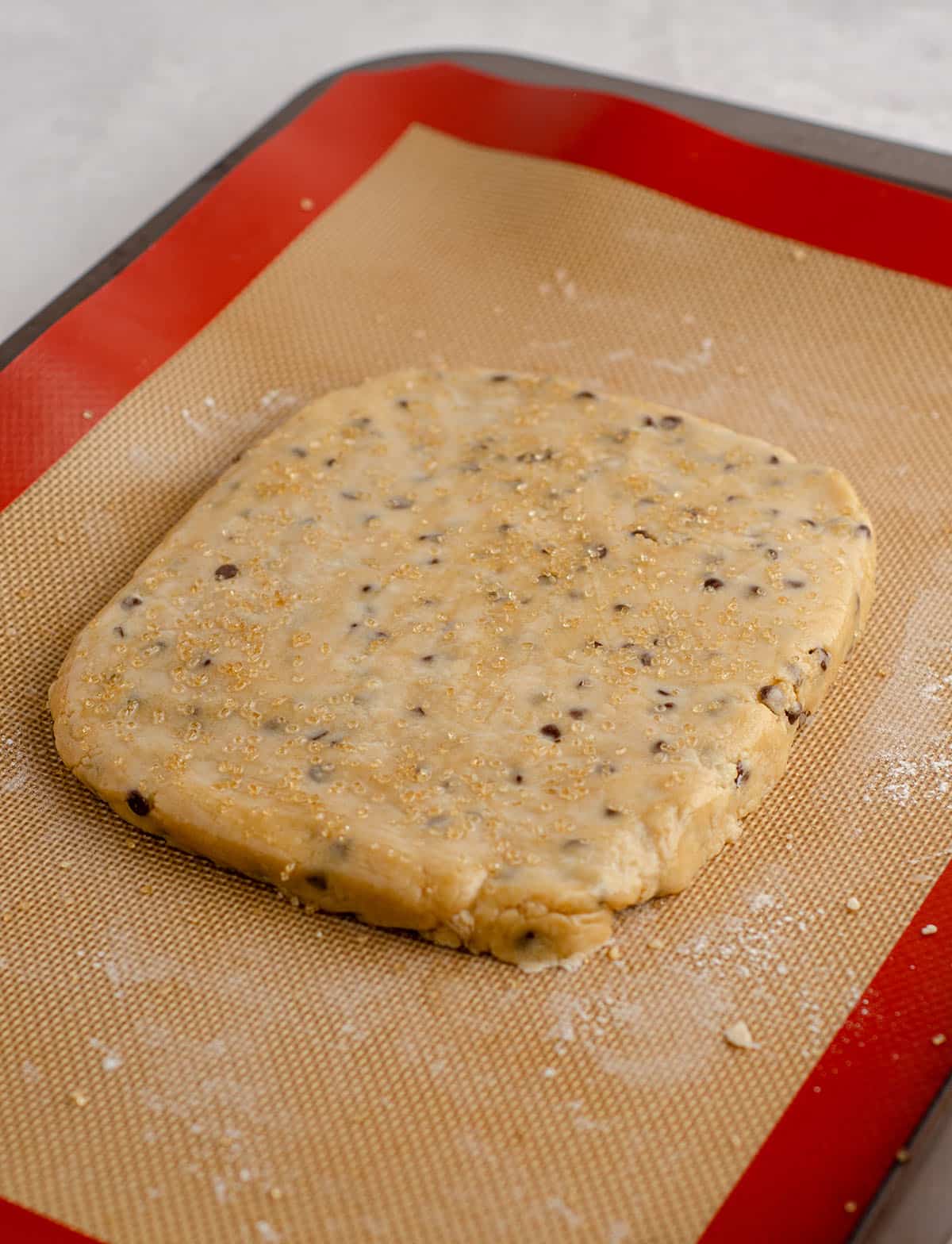 slab of chocolate chip biscotti dough ready to bake