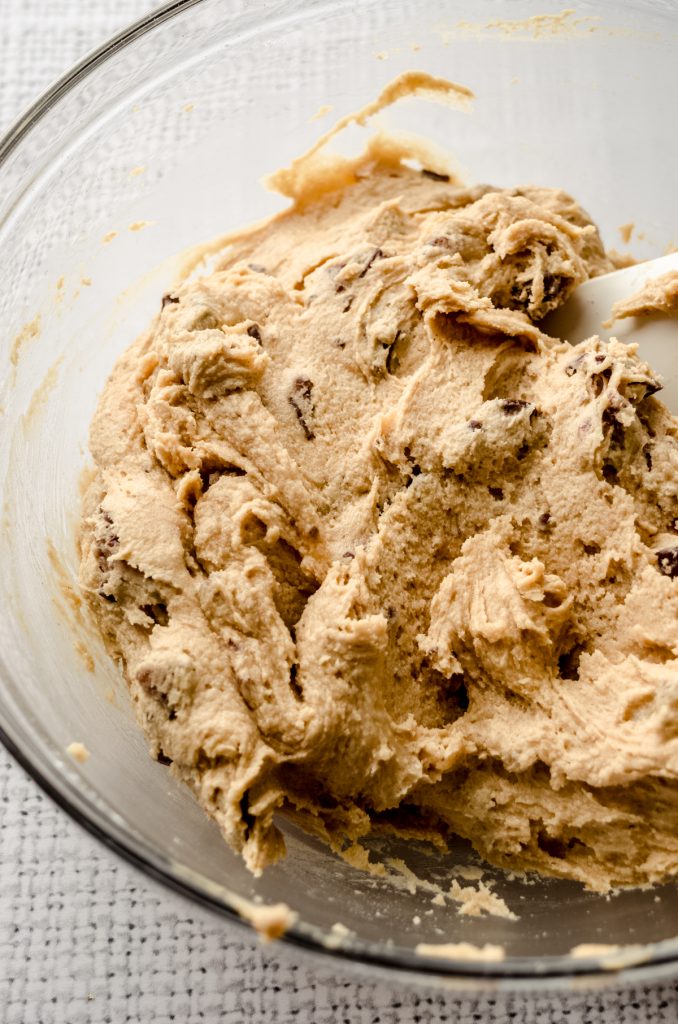 A bowl of peanut butter Rolo cookie dough.