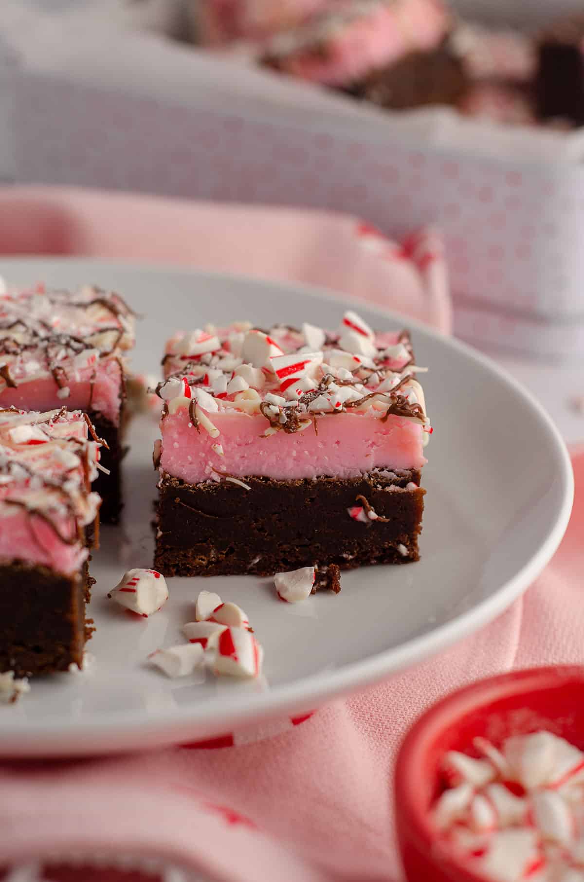 peppermint brownie sitting on a white plate