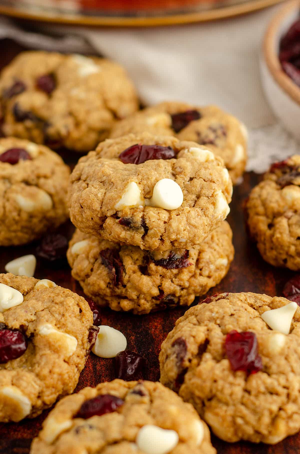 small stack of white chocolate cranberry oatmeal cookies