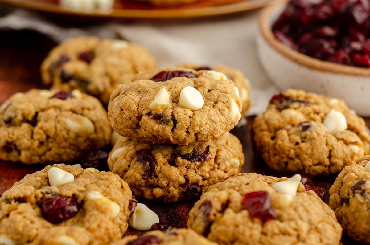 small stack of white chocolate cranberry oatmeal cookies