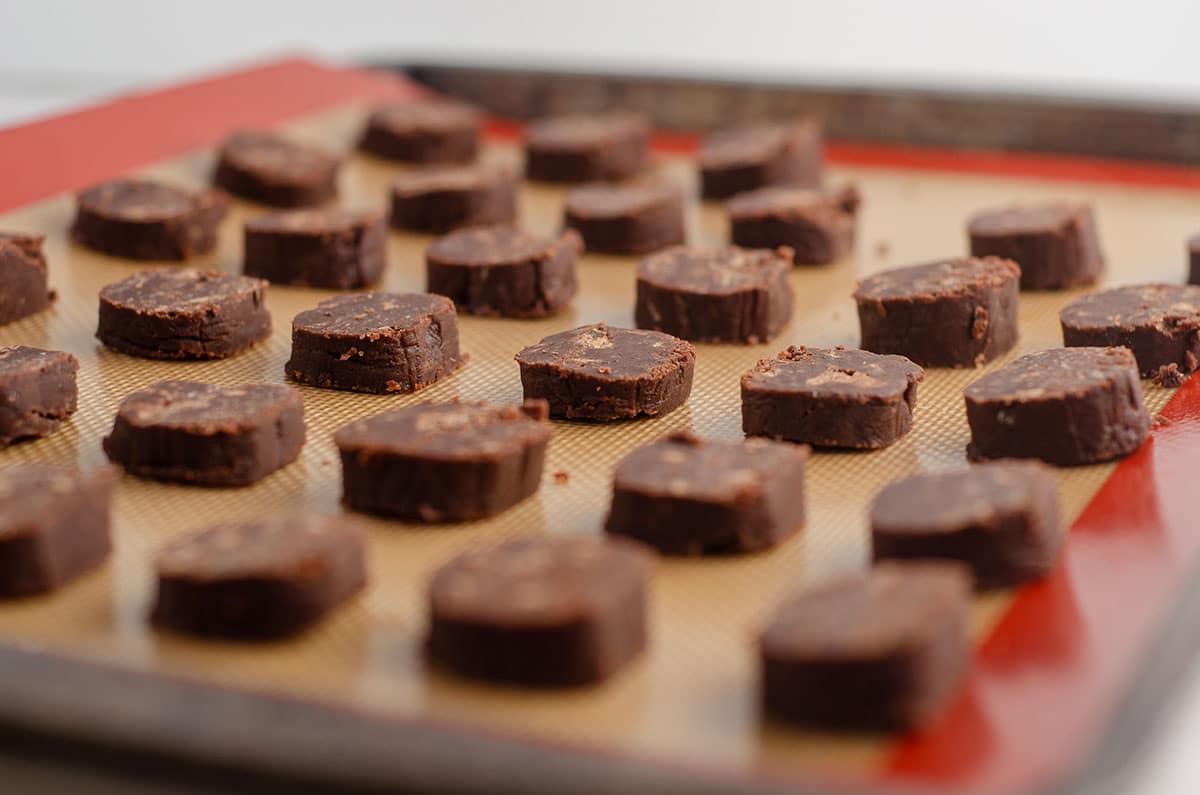 sliced world peace cookies on a baking sheet ready to bake