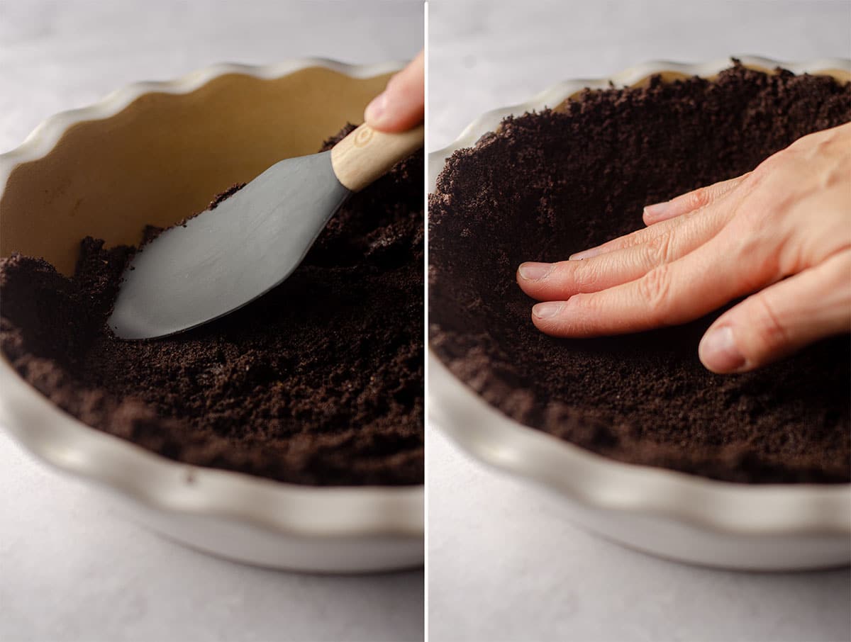 hands pressing an oreo pie crust into a pie plate