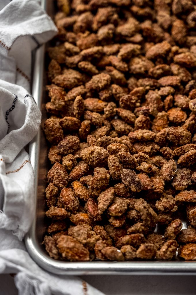 Candied almonds on a baking sheet.