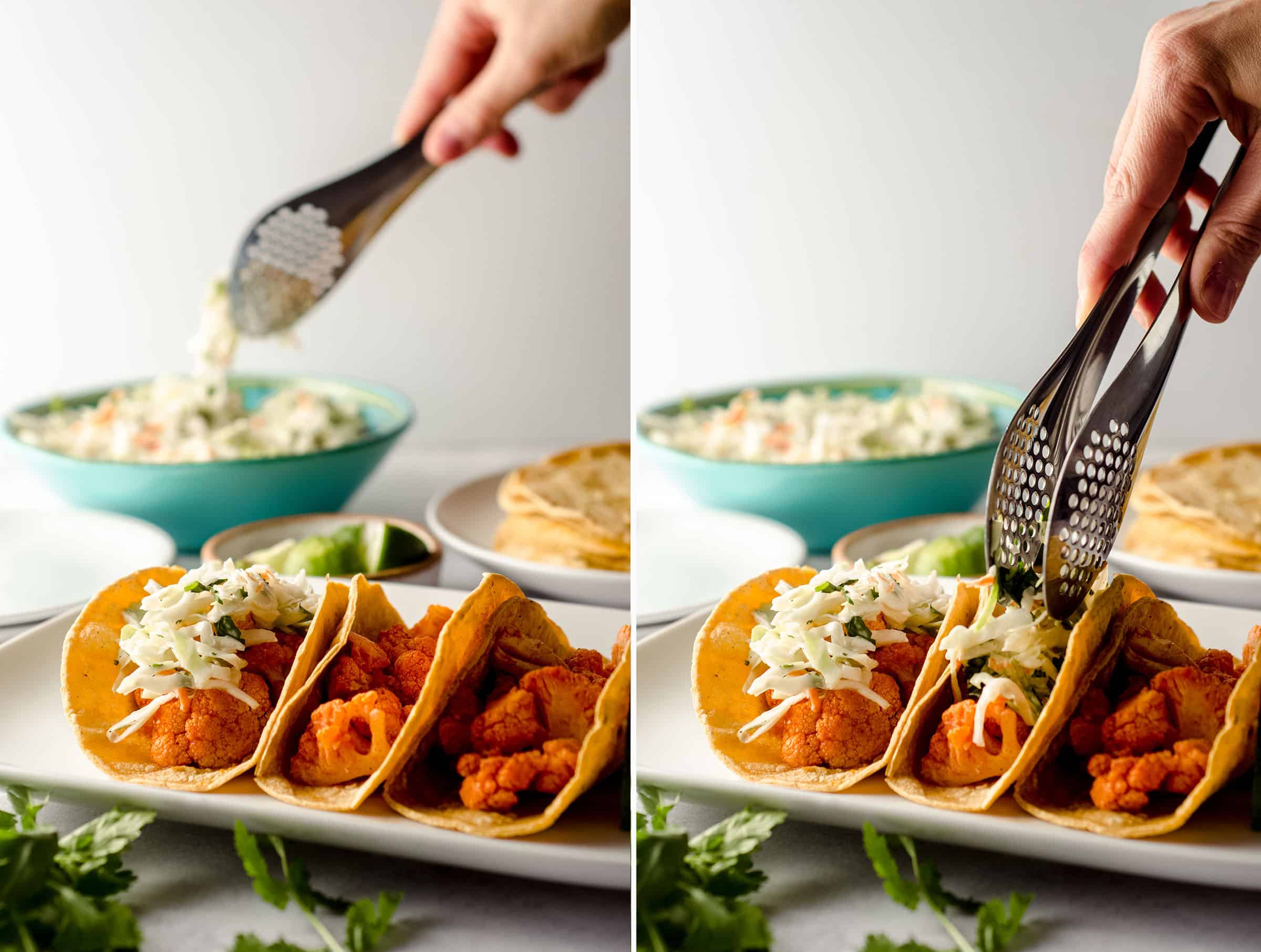 side by side photos of buffalo cauliflower tacos on a platter-- a hand is grabbing cilantro slaw with metal tongs from a bowl in one photo and placing a portion of the slaw on a taco in the next photo