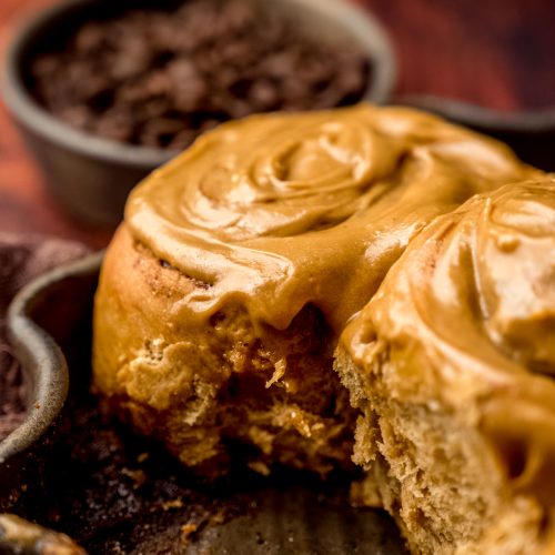 Cinnamon coffee rolls in a dish.