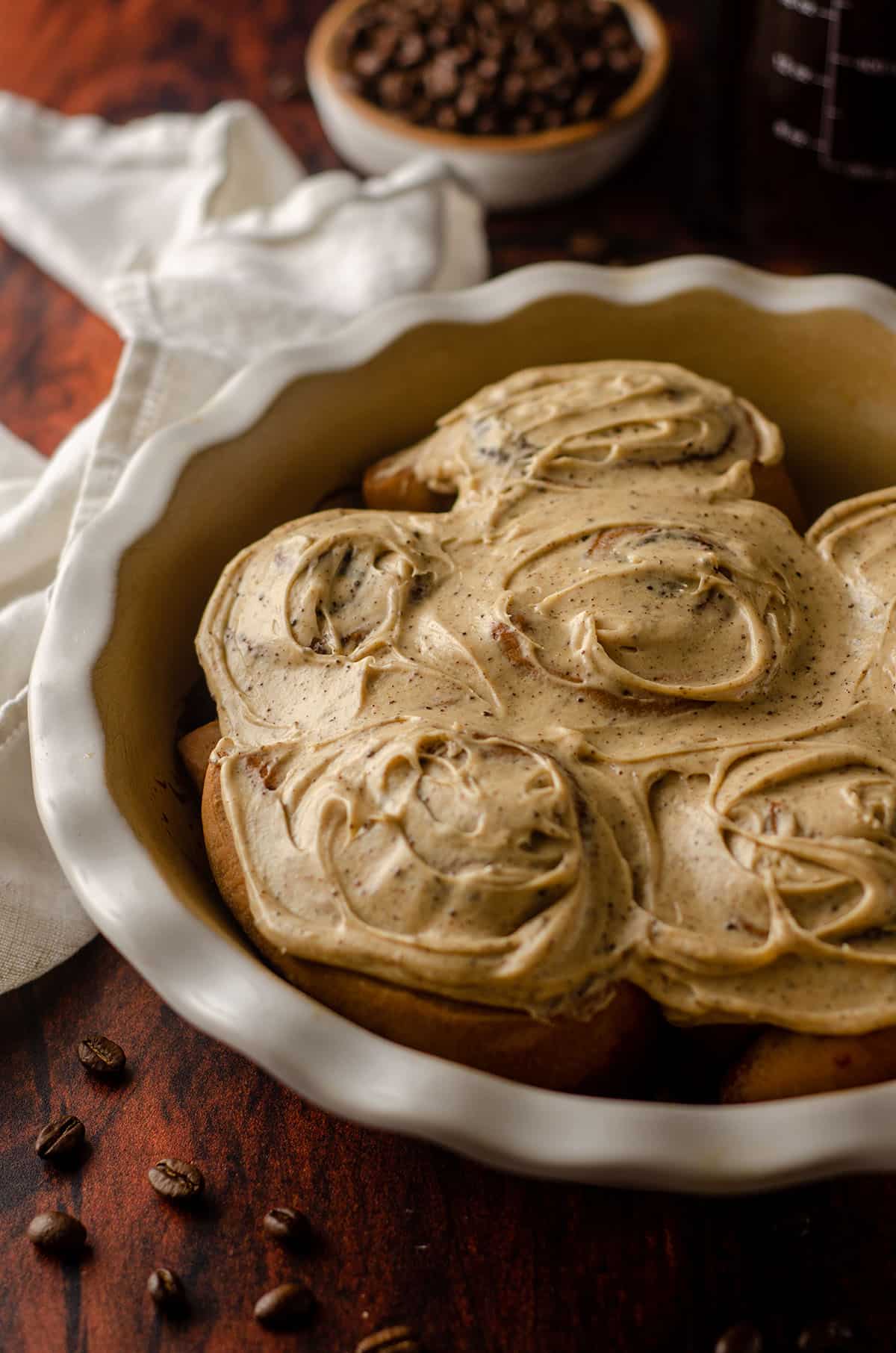 coffee cinnamon rolls in a pie dish