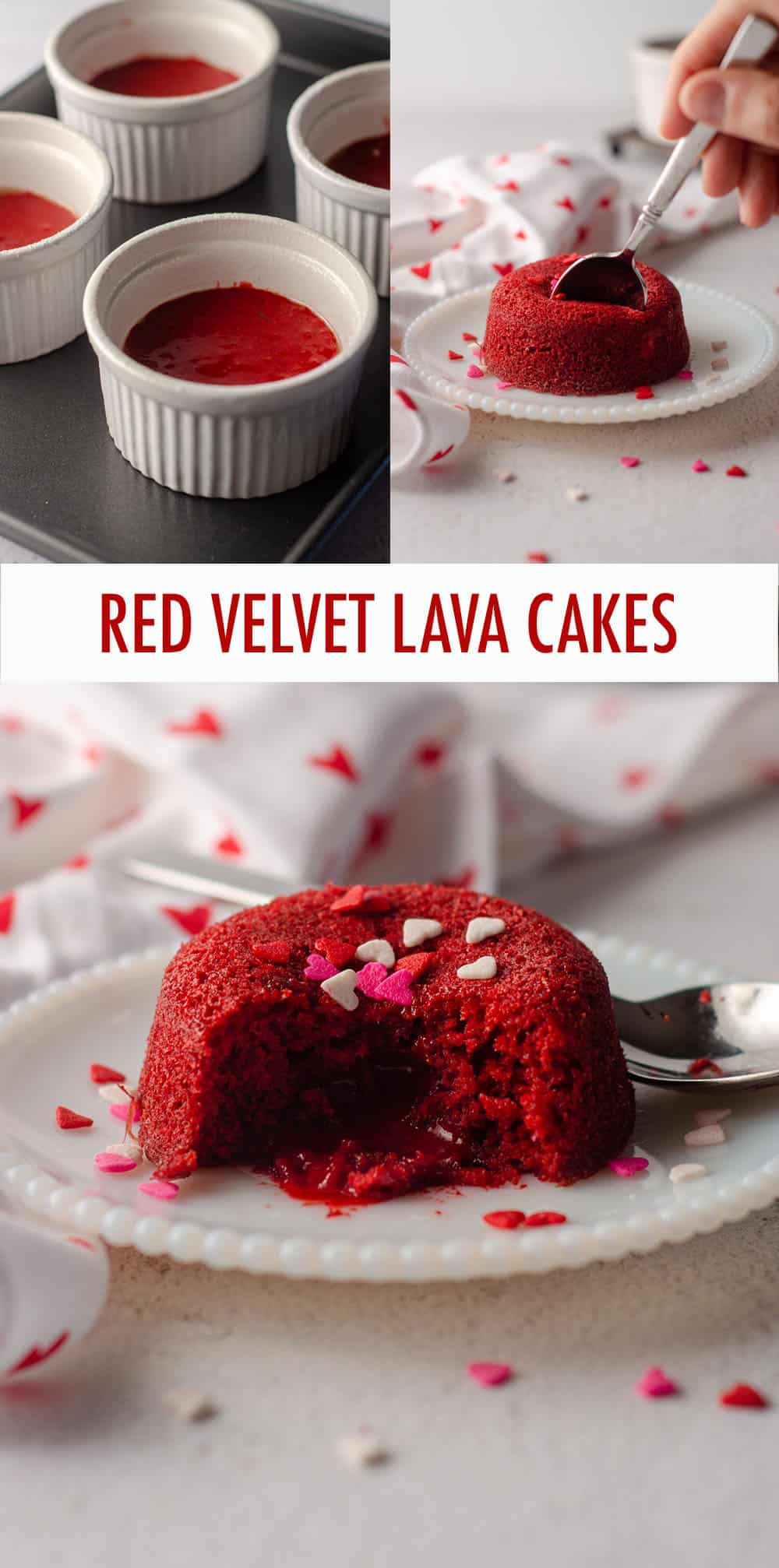 Molten lava cakes made easily from red velvet cake mix are perfect for your Valentine's Day dessert. Recipe makes 4 cakes in ramekins or 6 cakes in a cupcake pan. via @frshaprilflours