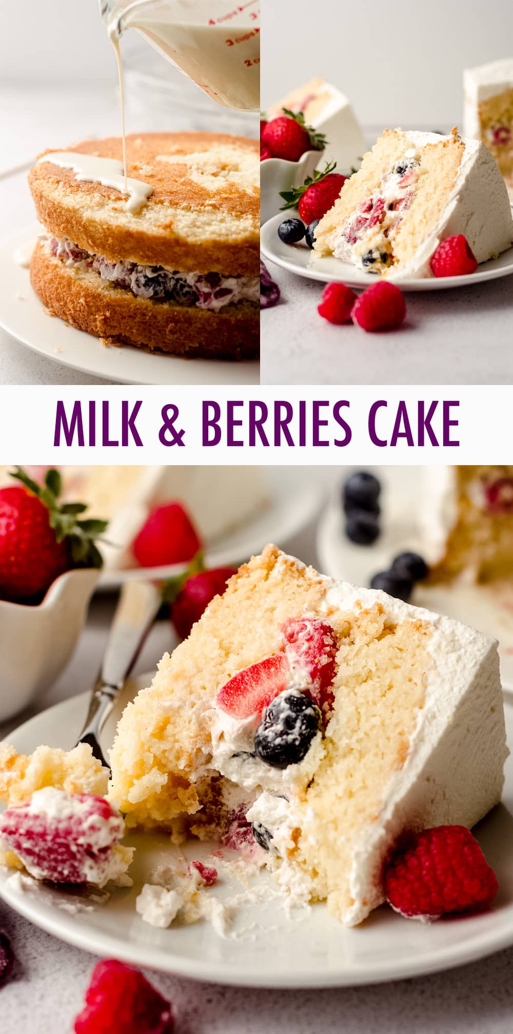 Simple white cake layers filled with a whipped cream and fresh berry filling and soaked in a tres leches syrup. via @frshaprilflours