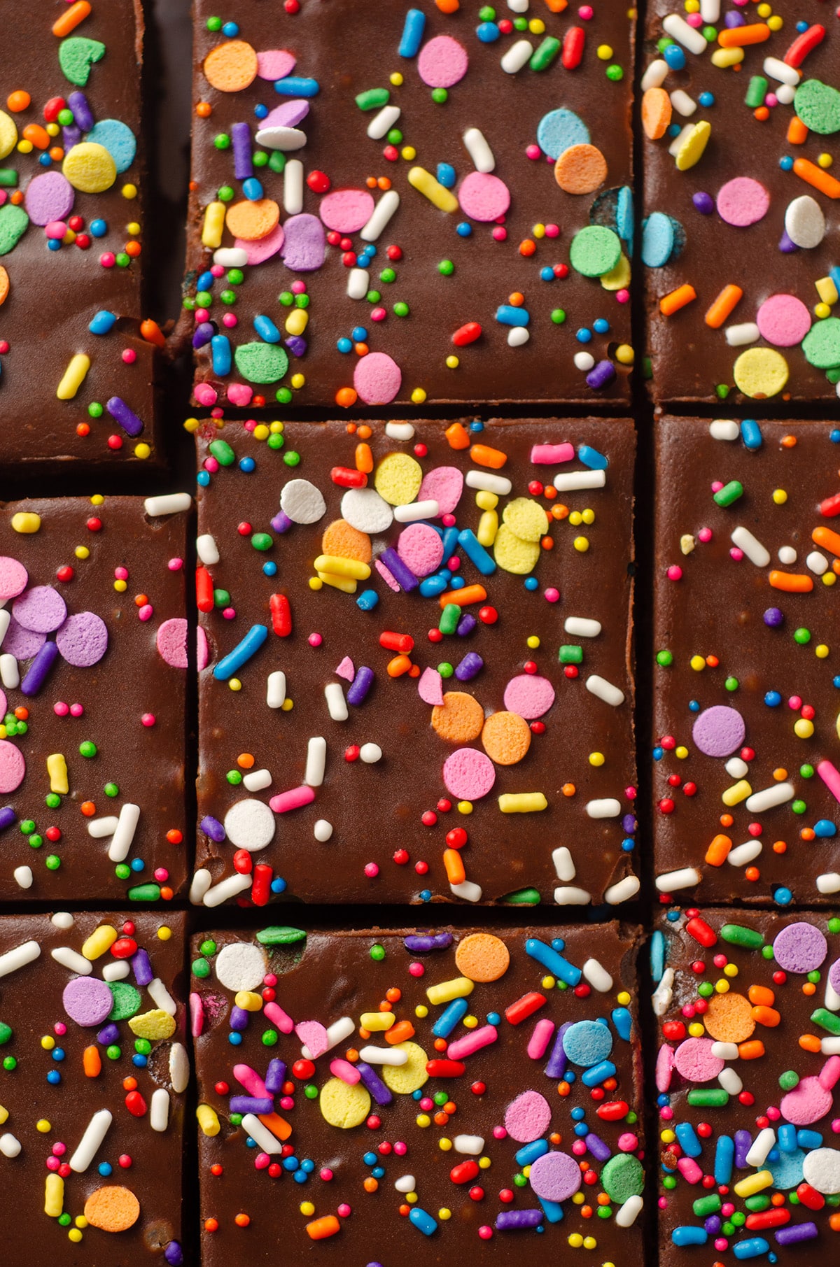 aerial photo of sliced funfetti brownies with sprinkles