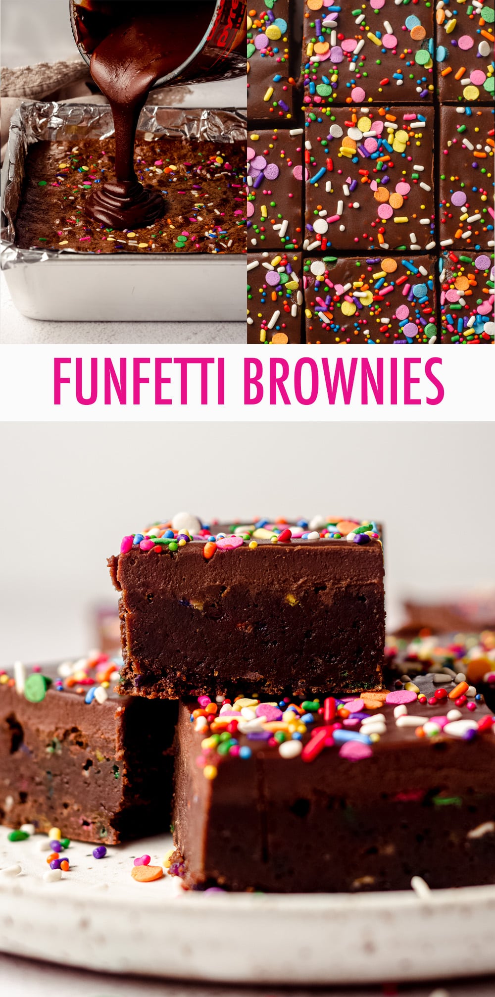 Simple from-scratch brownies filled with sprinkles and topped with a smooth and creamy chocolate ganache. via @frshaprilflours