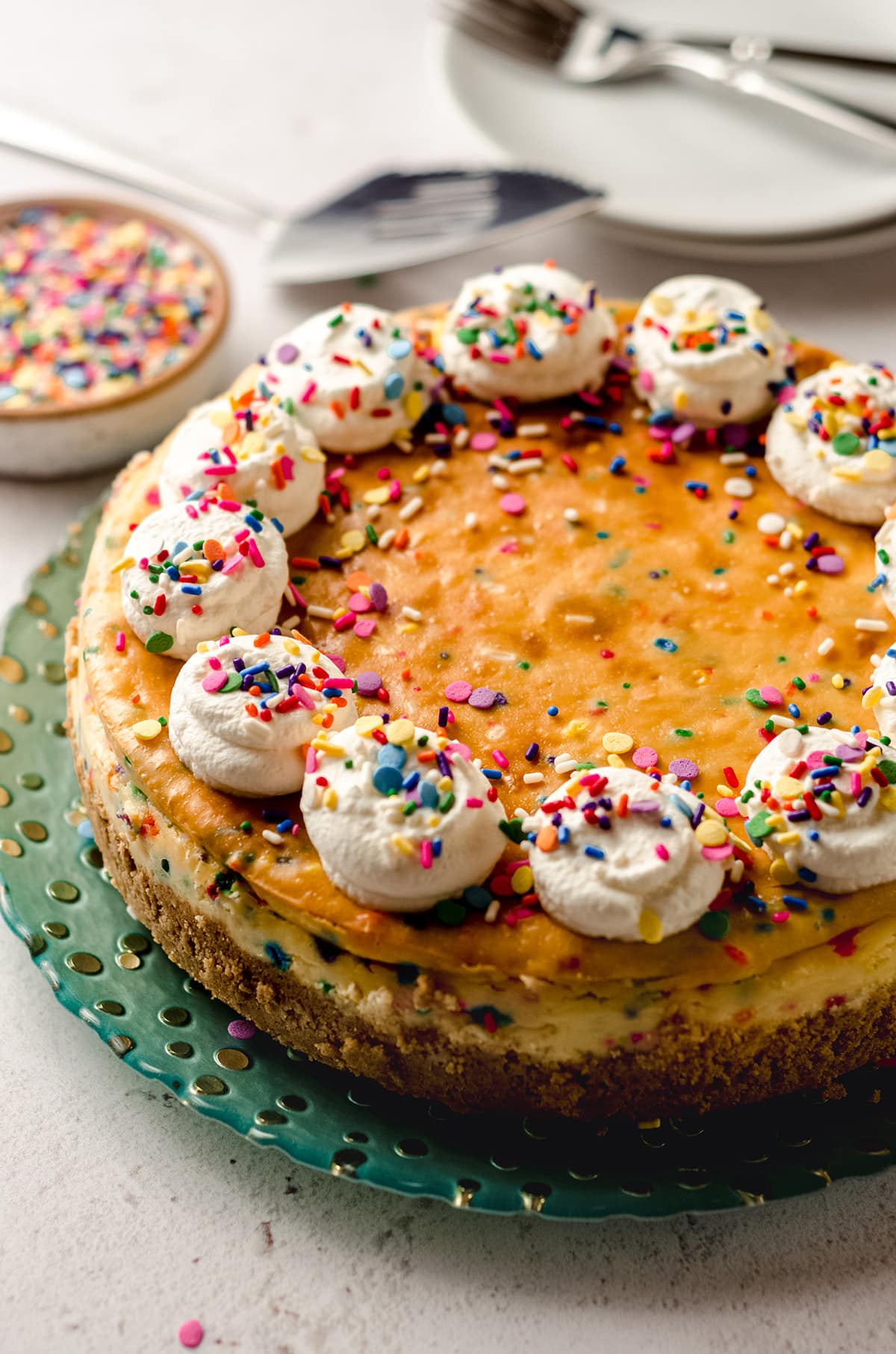 funfetti cheesecake on a plate