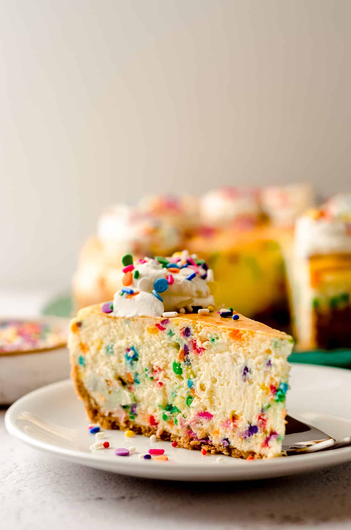 slice of funfetti cheesecake on a plate