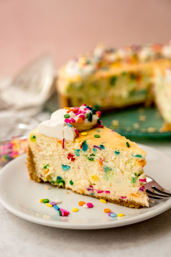 A slice of funfetti cheesecake on a plate.