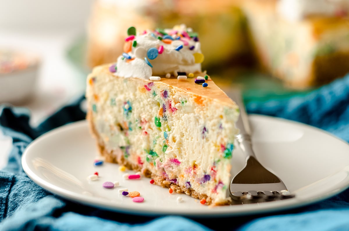 slice of funfetti cheesecake on a plate with a fork