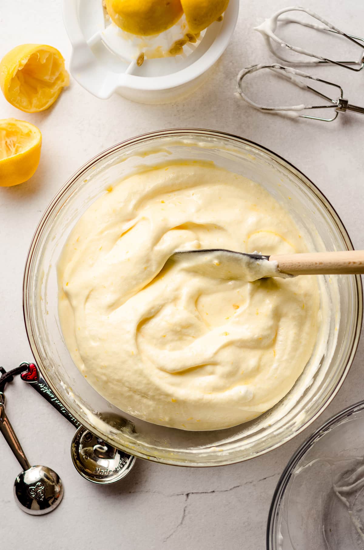 aerial photo of lemon mousse in a bowl ready to portion into cups