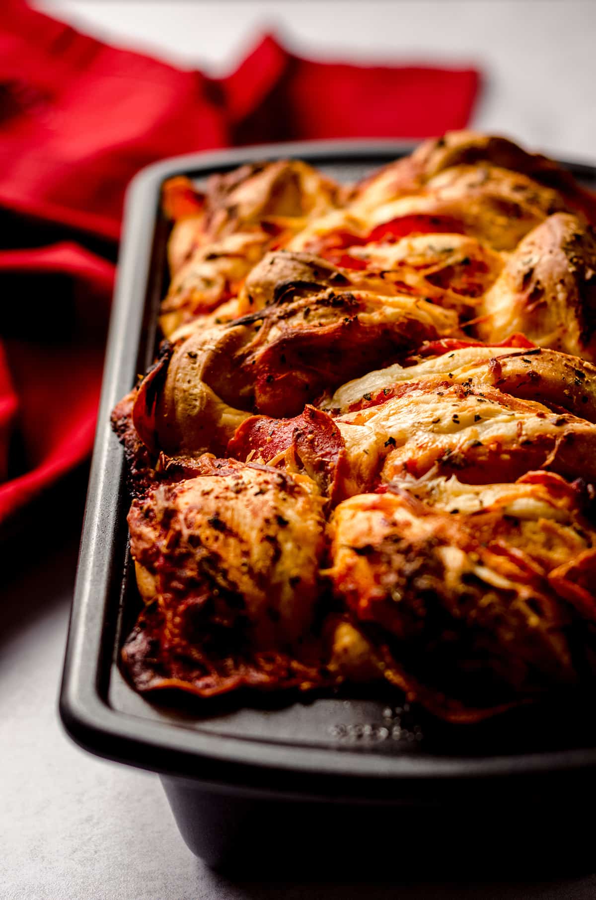 pizza pull apart bread in a pan ready to eat