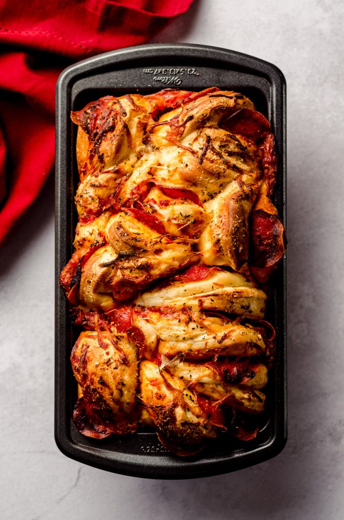 aerial photo of pizza pull apart bread in a loaf pan