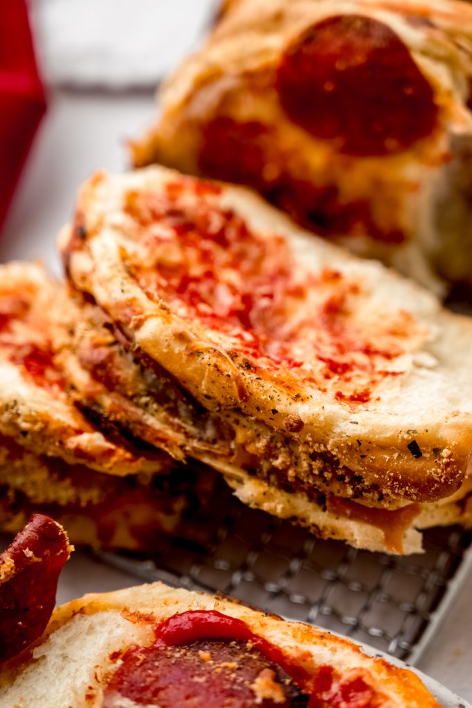 Pizza pull-apart bread that has been pulled apart.