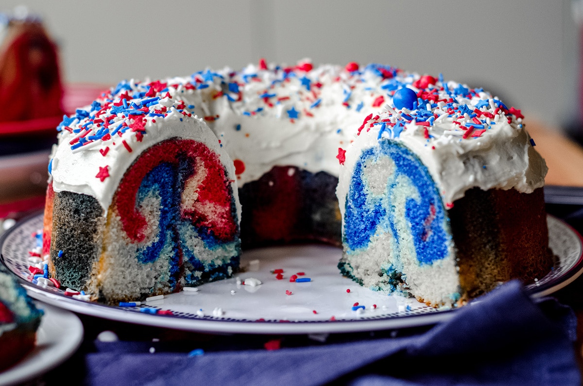 cross section of red white and blue swirl cake