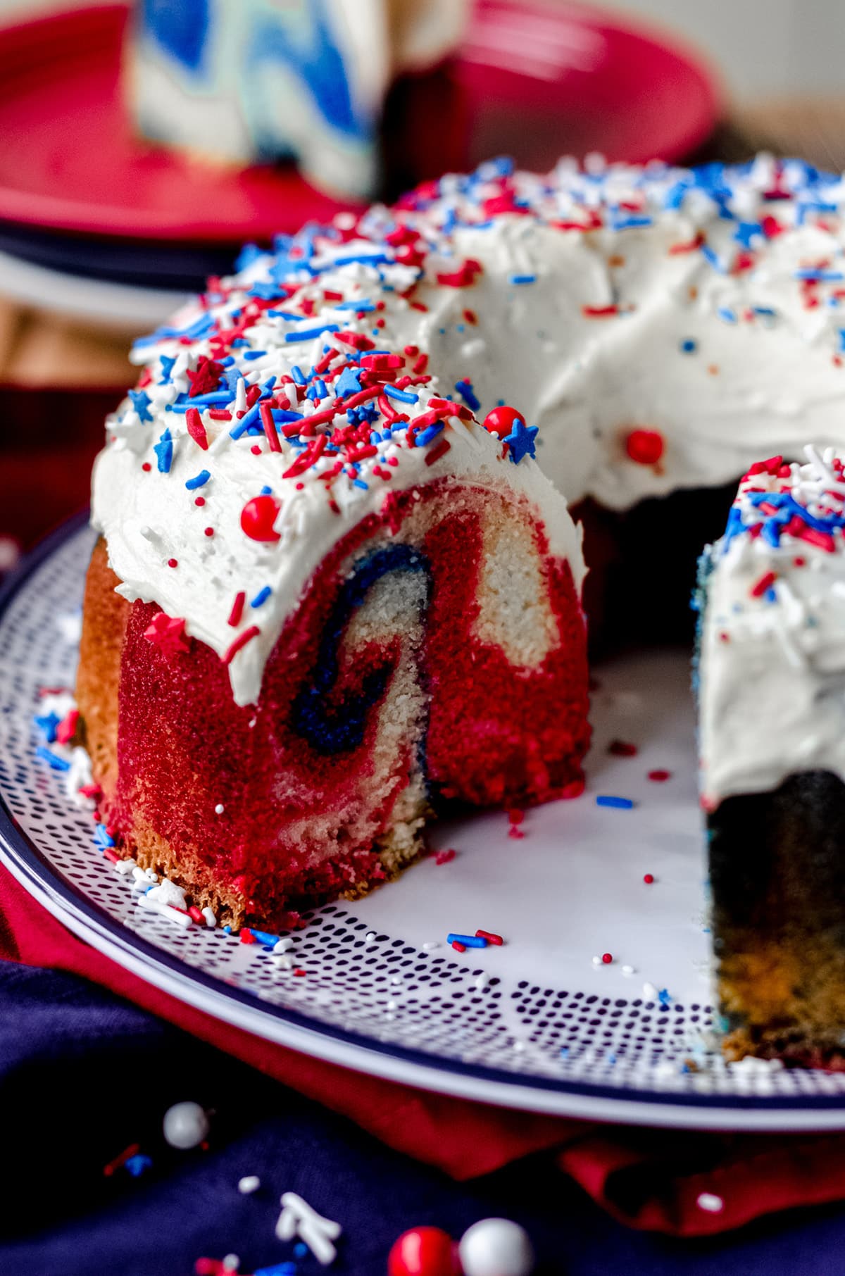 red white and blue swirl cake